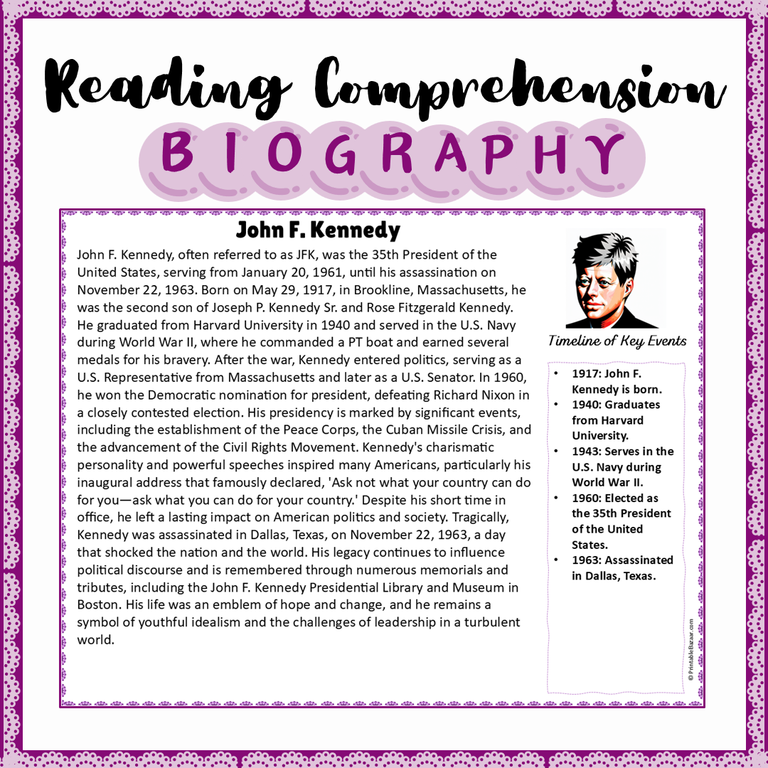 John F. Kennedy | Biography Reading Comprehension and Questions Worksheet