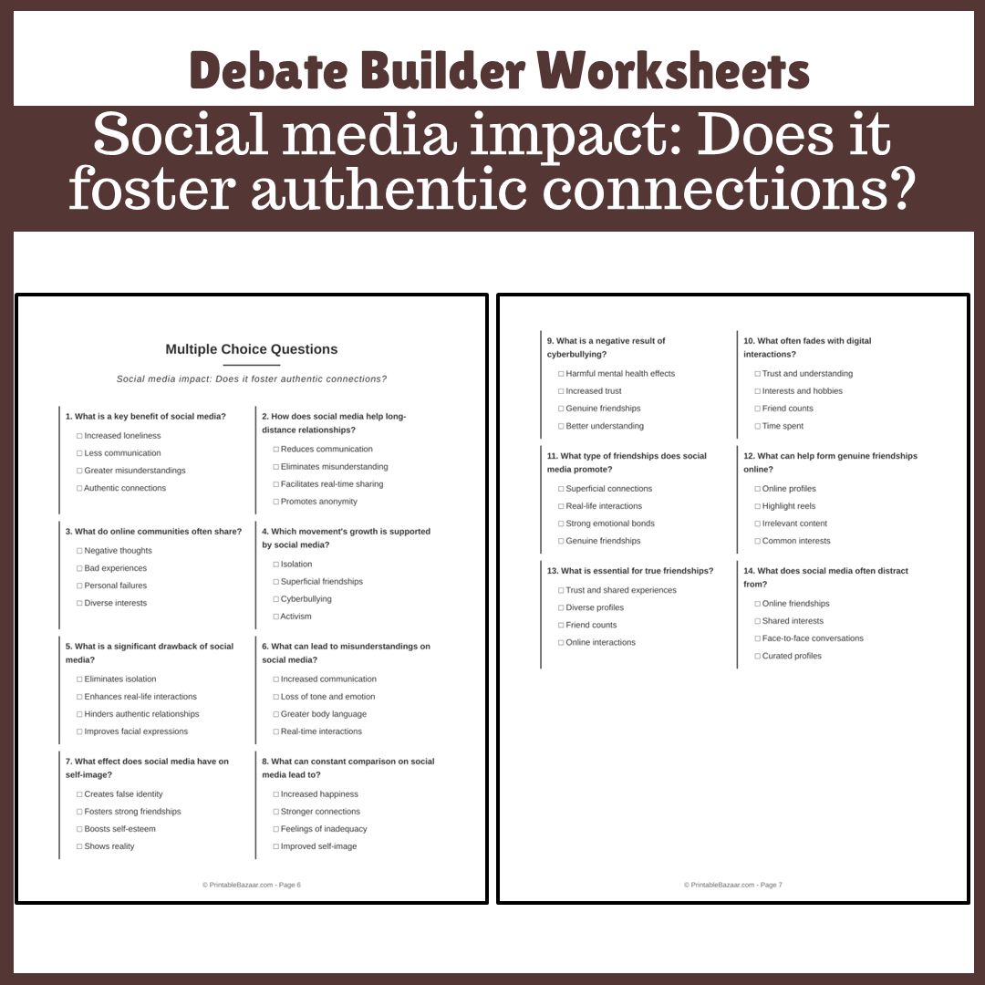 Social media impact: Does it foster authentic connections? | Favour and Against Worksheet Printable Activity