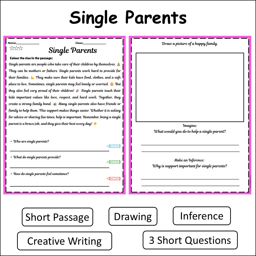 Single Parents | Short Reading Comprehension Creative Worksheet