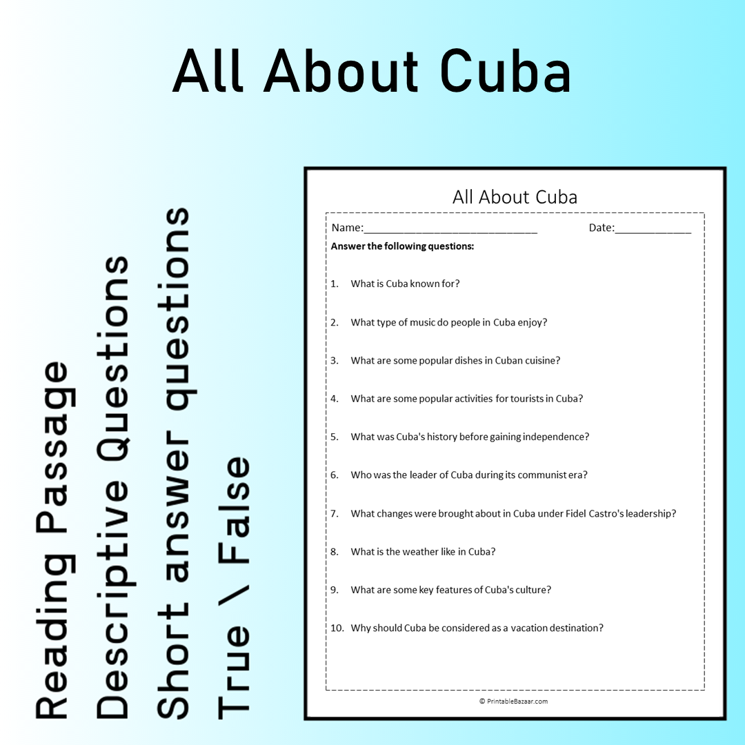 All About Cuba | Reading Comprehension Passage Printable Worksheet