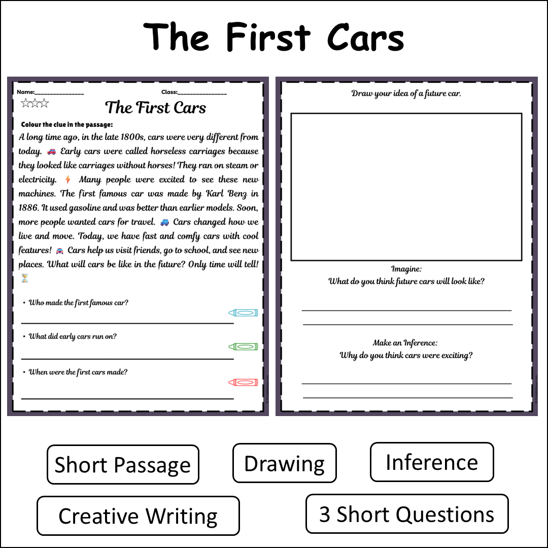 The First Cars | Short Reading Comprehension Creative Worksheet