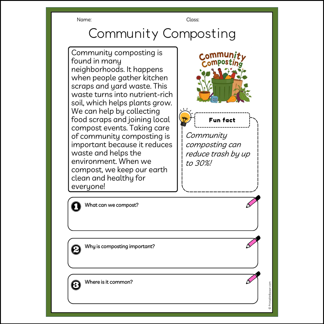 Community Composting | Reading Passage Comprehension Questions Writing Facts Worksheet