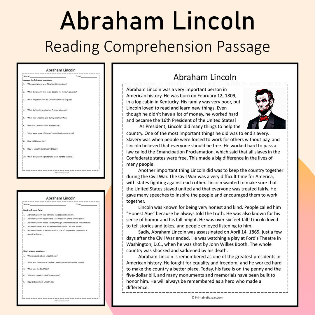 Abraham Lincoln | Reading Comprehension Passage Printable Activity