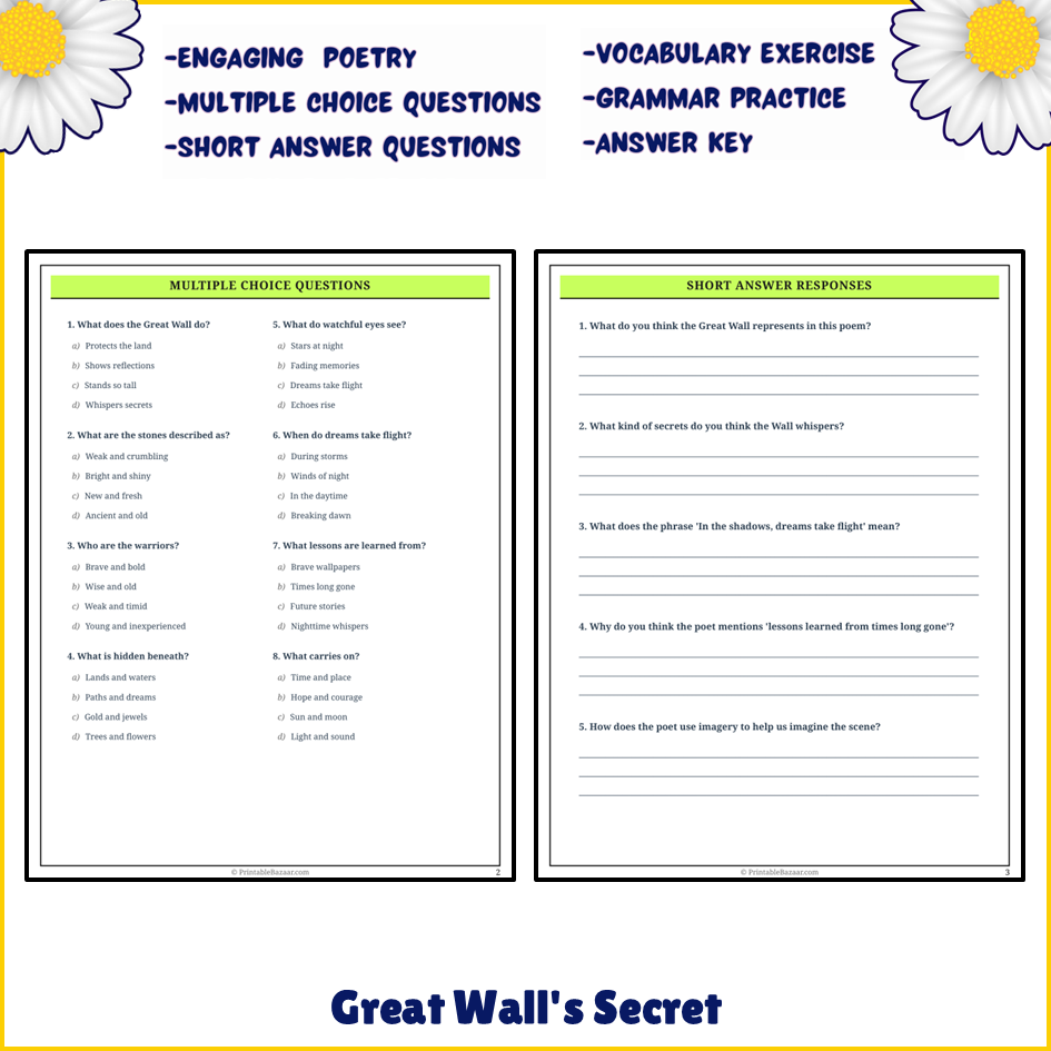 Great Wall's Secret | Poem Grammar Worksheet Printable Activity