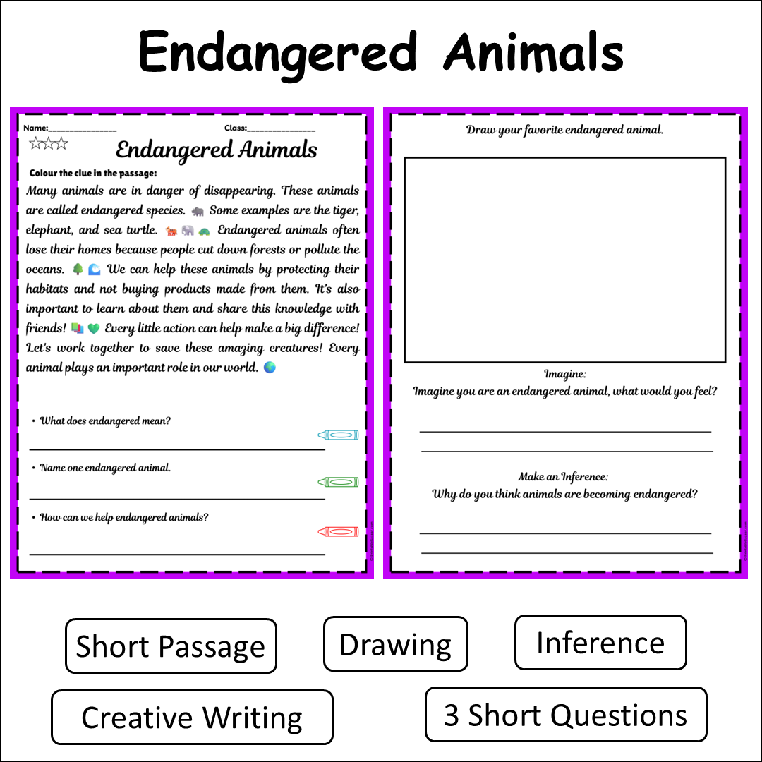 Endangered Animals | Short Reading Comprehension Creative Worksheet