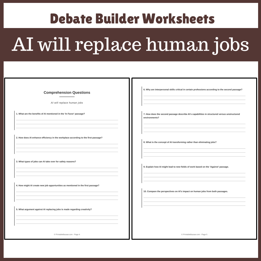 AI will replace human jobs | Favour and Against Worksheet Printable Activity