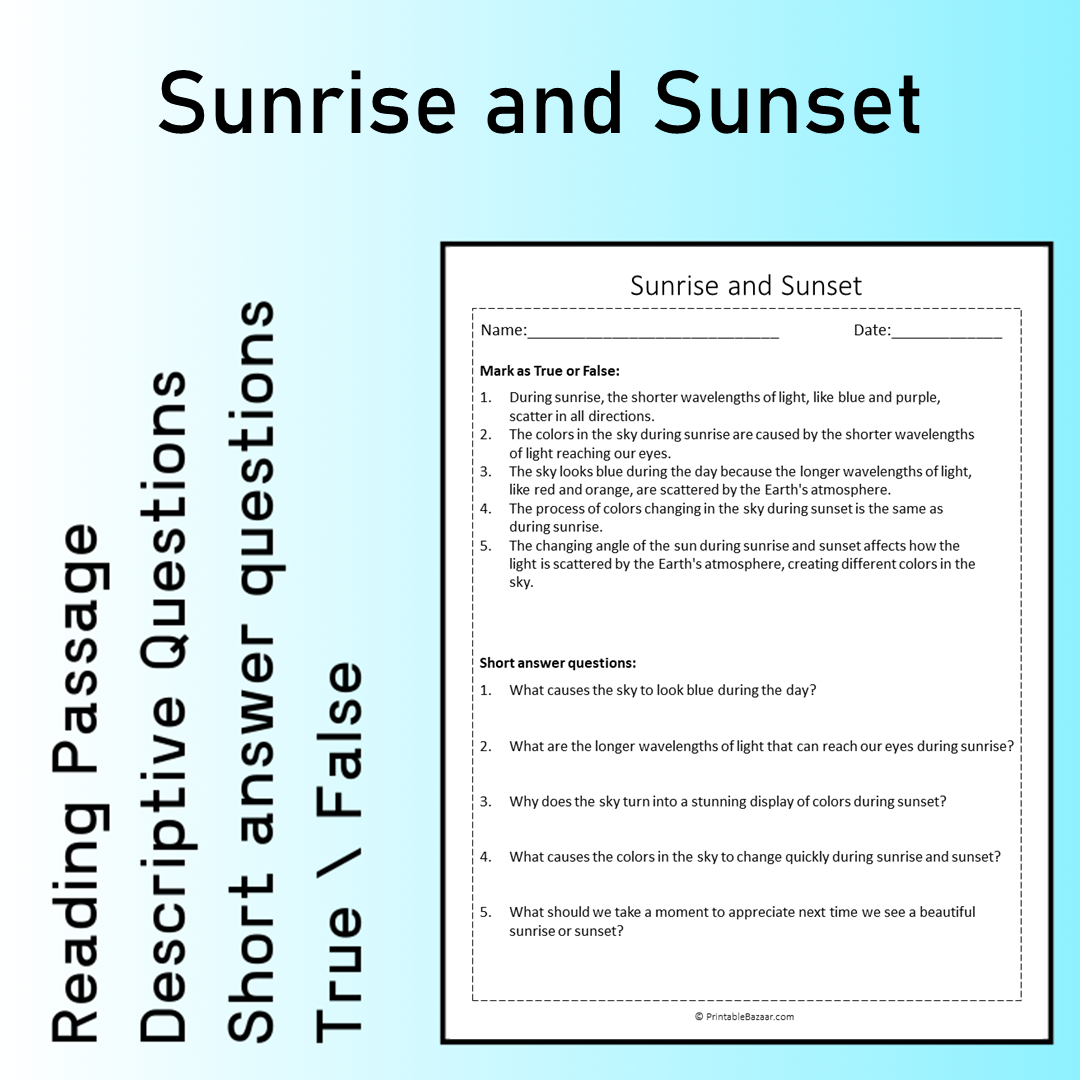 Sunrise and Sunset | Reading Comprehension Passage Printable Worksheet
