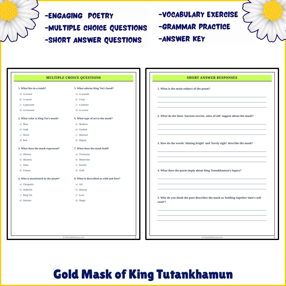 Gold Mask of King Tutankhamun | Poem Grammar Worksheet Printable Activity