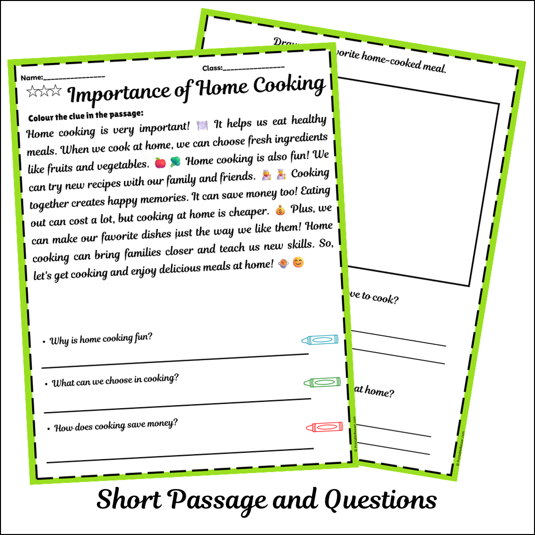 Importance of Home Cooking | Short Reading Comprehension Creative Worksheet