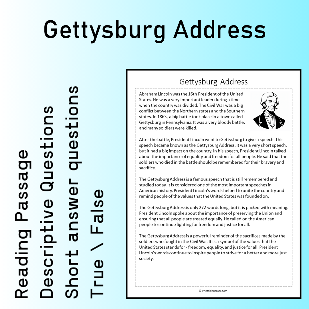 Gettysburg Address | Reading Comprehension Passage Printable Worksheet