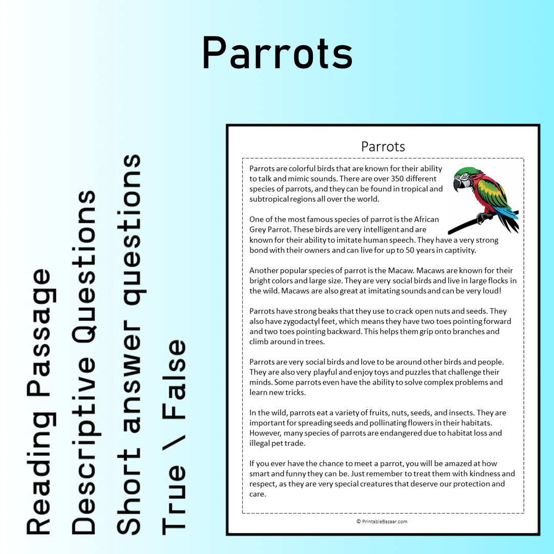 Parrots | Reading Comprehension Passage Printable Worksheet