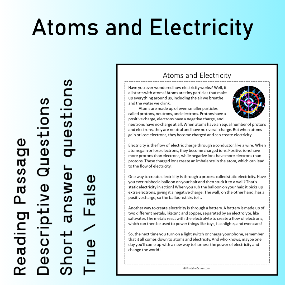 Atoms and Electricity | Reading Comprehension Passage Printable Worksheet