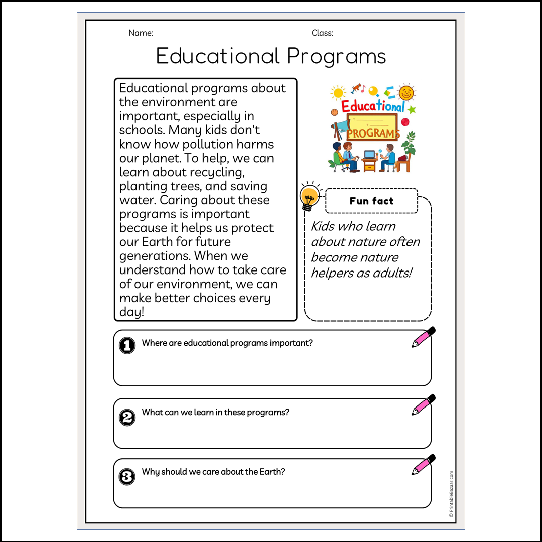 Educational Programs | Reading Passage Comprehension Questions Writing Facts Worksheet