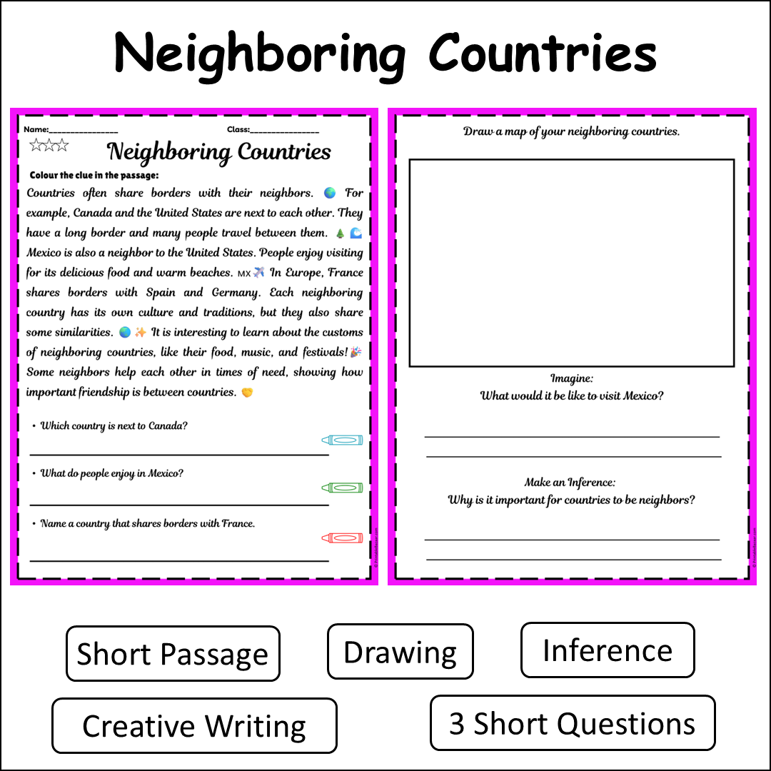 Neighboring Countries | Short Reading Comprehension Creative Worksheet