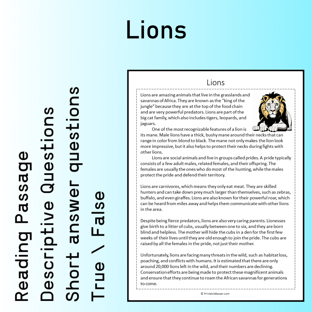 Lions | Reading Comprehension Passage Printable Worksheet