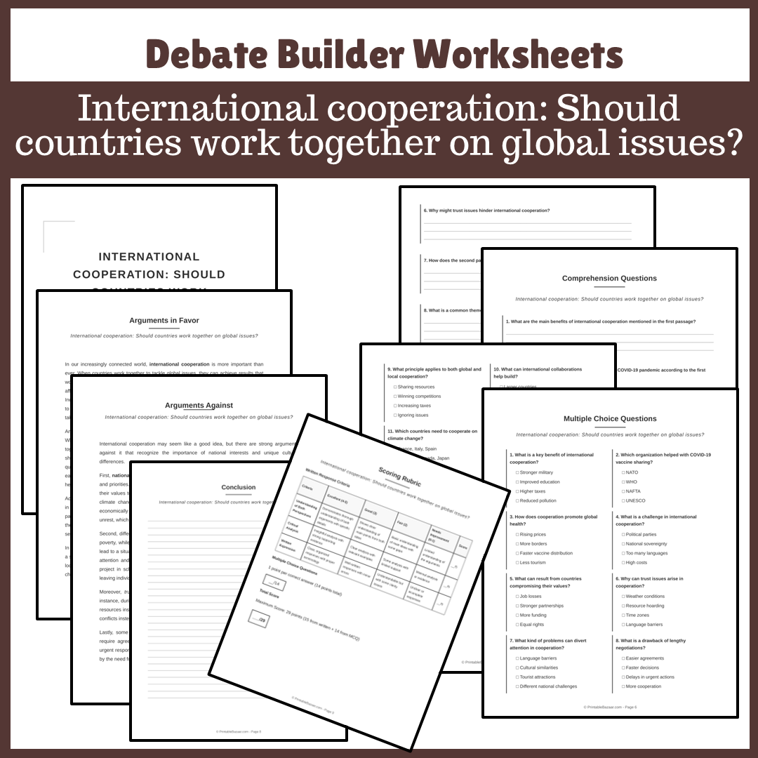 International cooperation: Should countries work together on global issues? | Favour and Against Worksheet Printable Activity