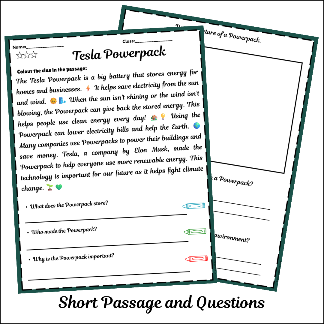 Tesla Powerpack | Short Reading Comprehension Creative Worksheet
