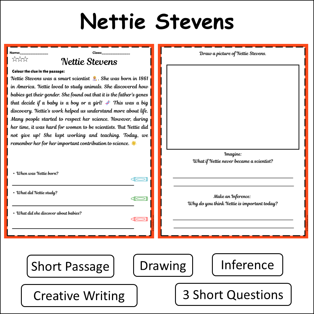 Nettie Stevens | Short Reading Comprehension Creative Worksheet