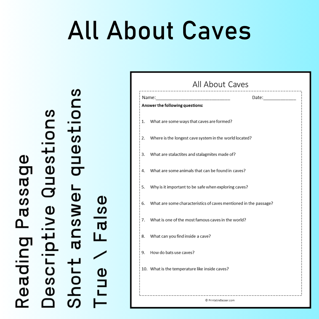 All About Caves | Reading Comprehension Passage Printable Worksheet