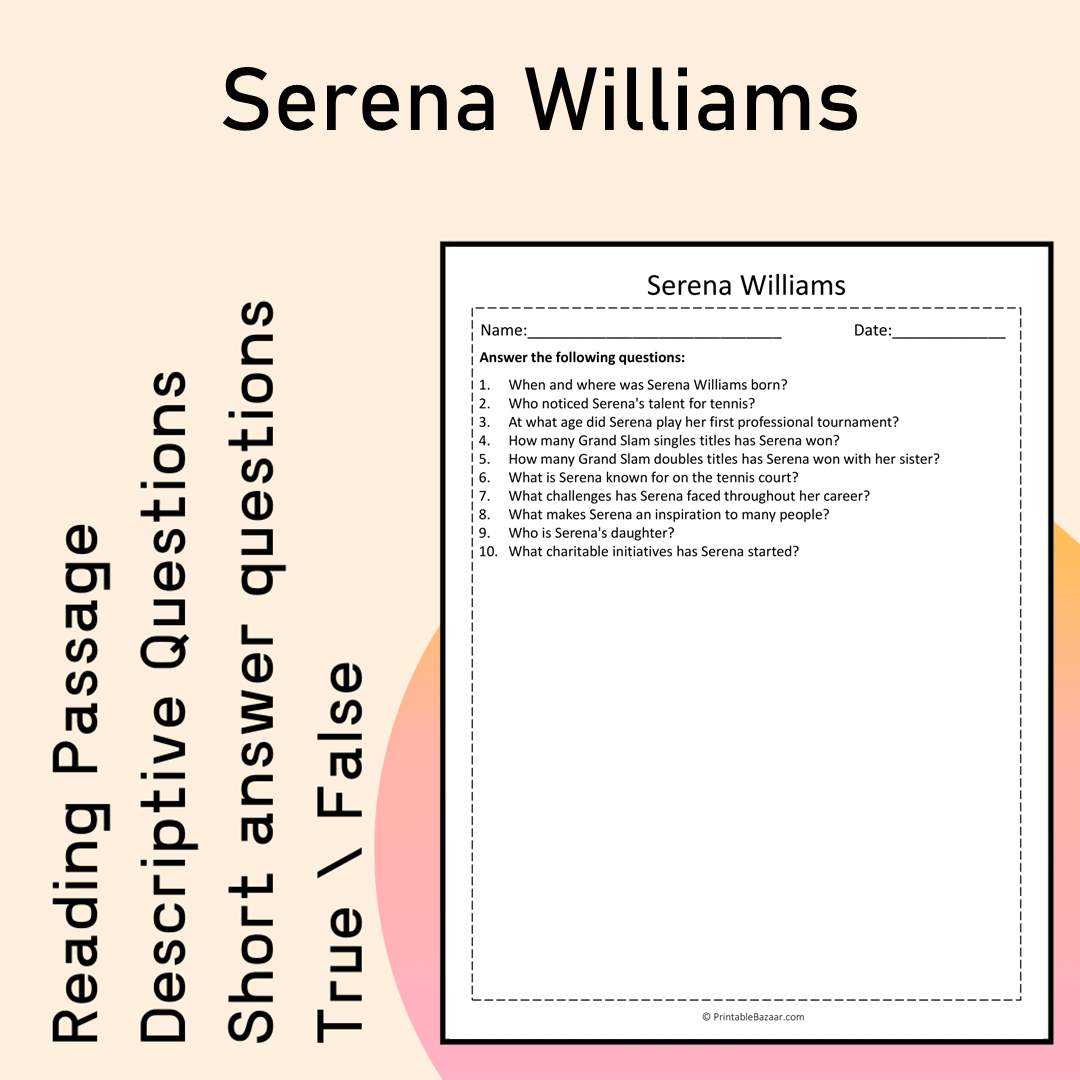 Serena Williams | Reading Comprehension Passage Printable Activity