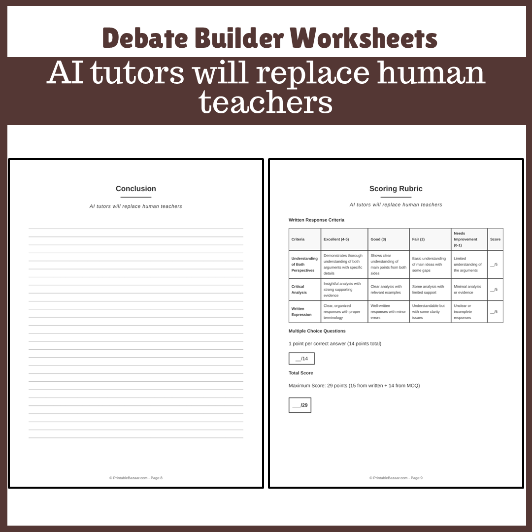 AI tutors will replace human teachers | Favour and Against Worksheet Printable Activity