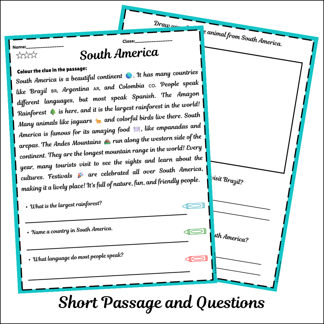 South America | Short Reading Comprehension Creative Worksheet