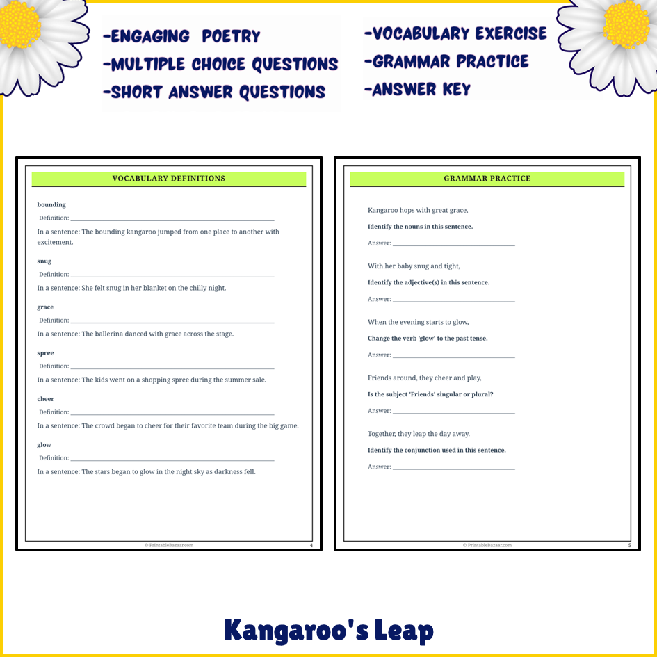 Kangaroo's Leap | Poem Grammar Worksheet Printable Activity