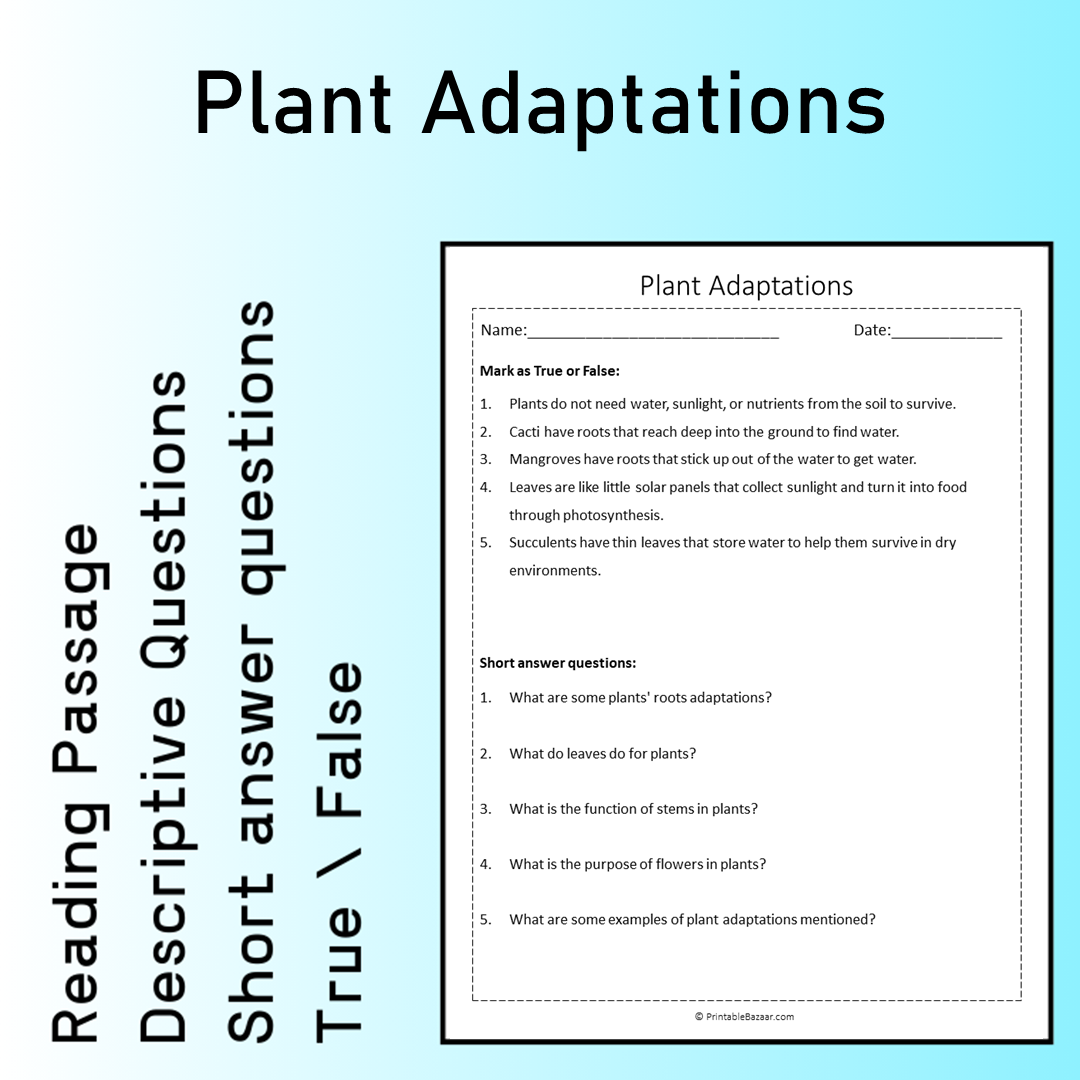 Plant Adaptations | Reading Comprehension Passage Printable Worksheet