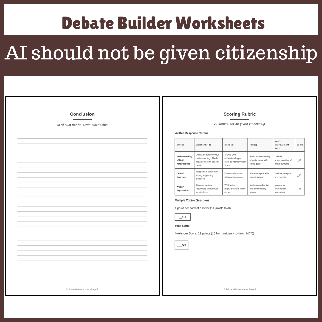 AI should not be given citizenship | Favour and Against Worksheet Printable Activity
