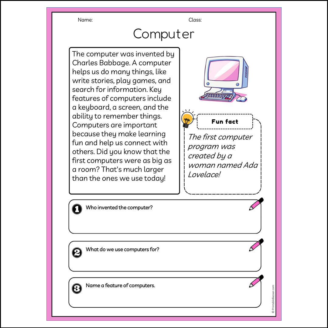 Computer | Reading Passage Comprehension Questions Writing Facts Worksheet