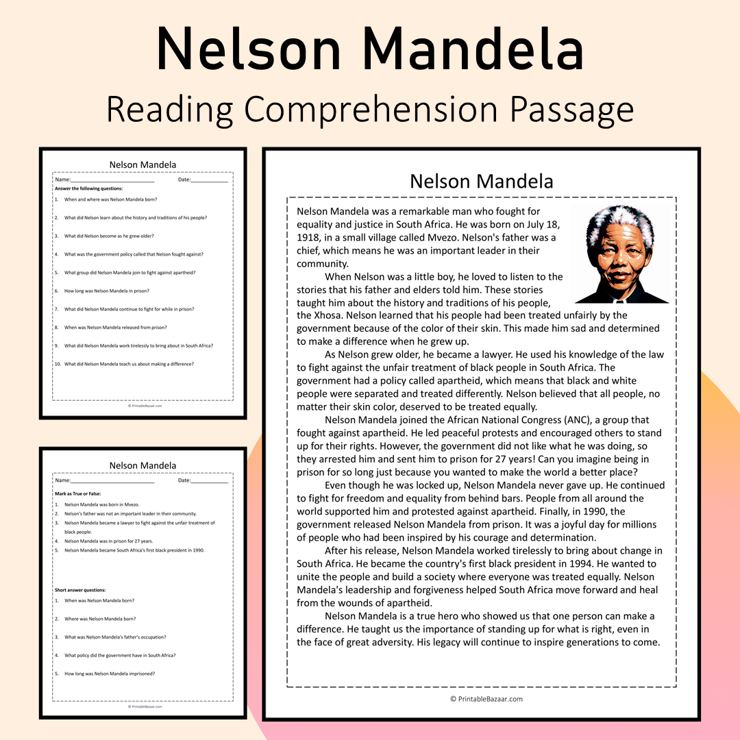 Nelson Mandela | Reading Comprehension Passage Printable Activity