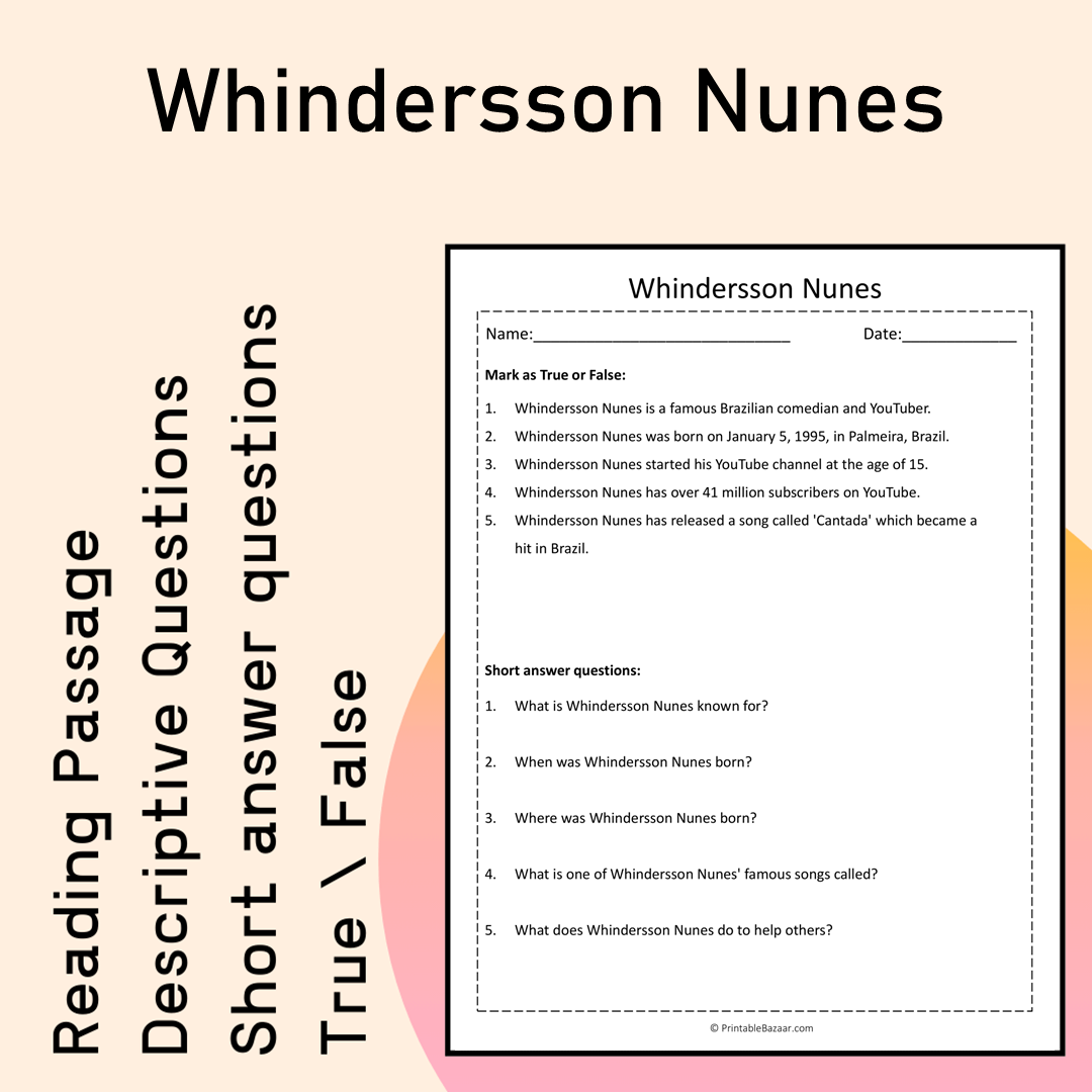 Whindersson Nunes | Reading Comprehension Passage Printable Activity