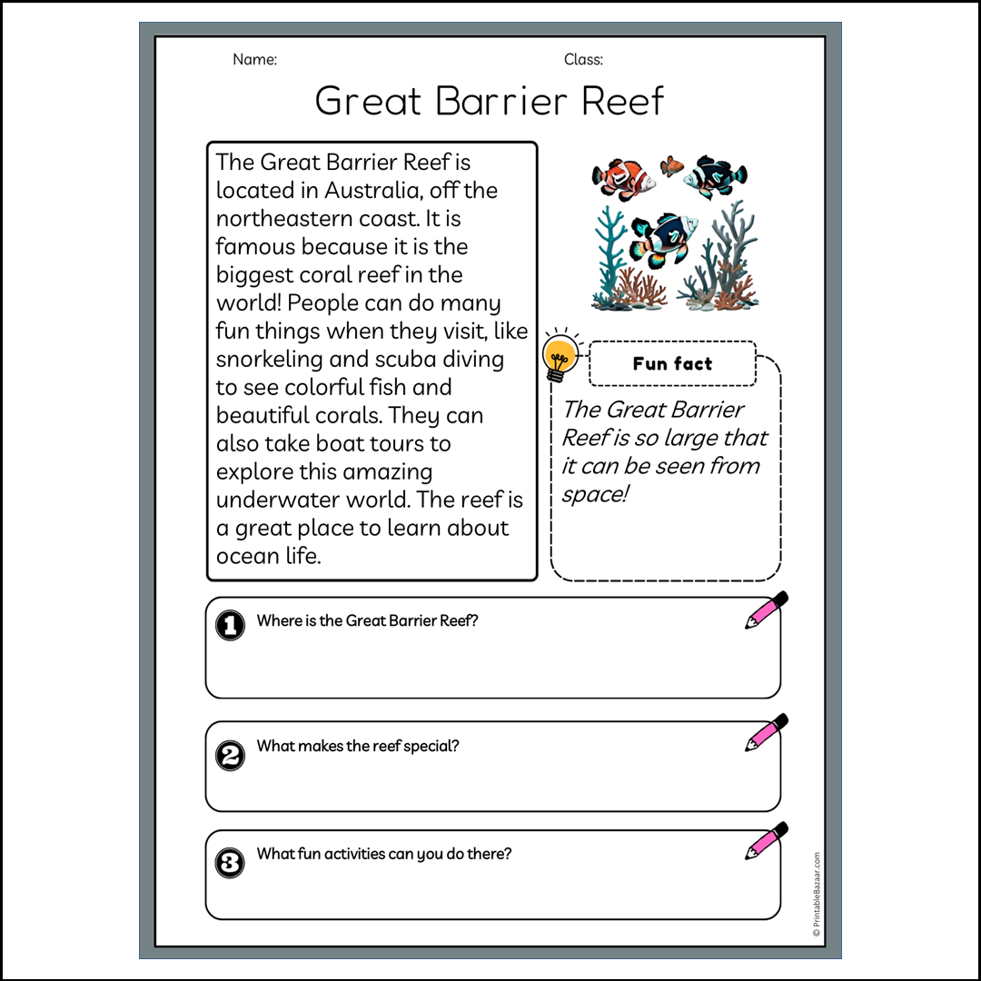 Great Barrier Reef | Reading Passage Comprehension Questions Writing Facts Worksheet
