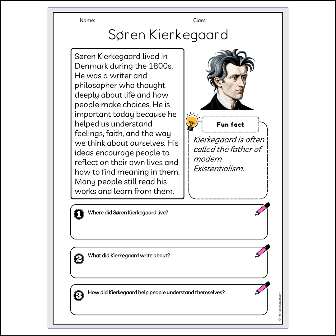 Søren Kierkegaard | Reading Passage Comprehension Questions Writing Facts Worksheet
