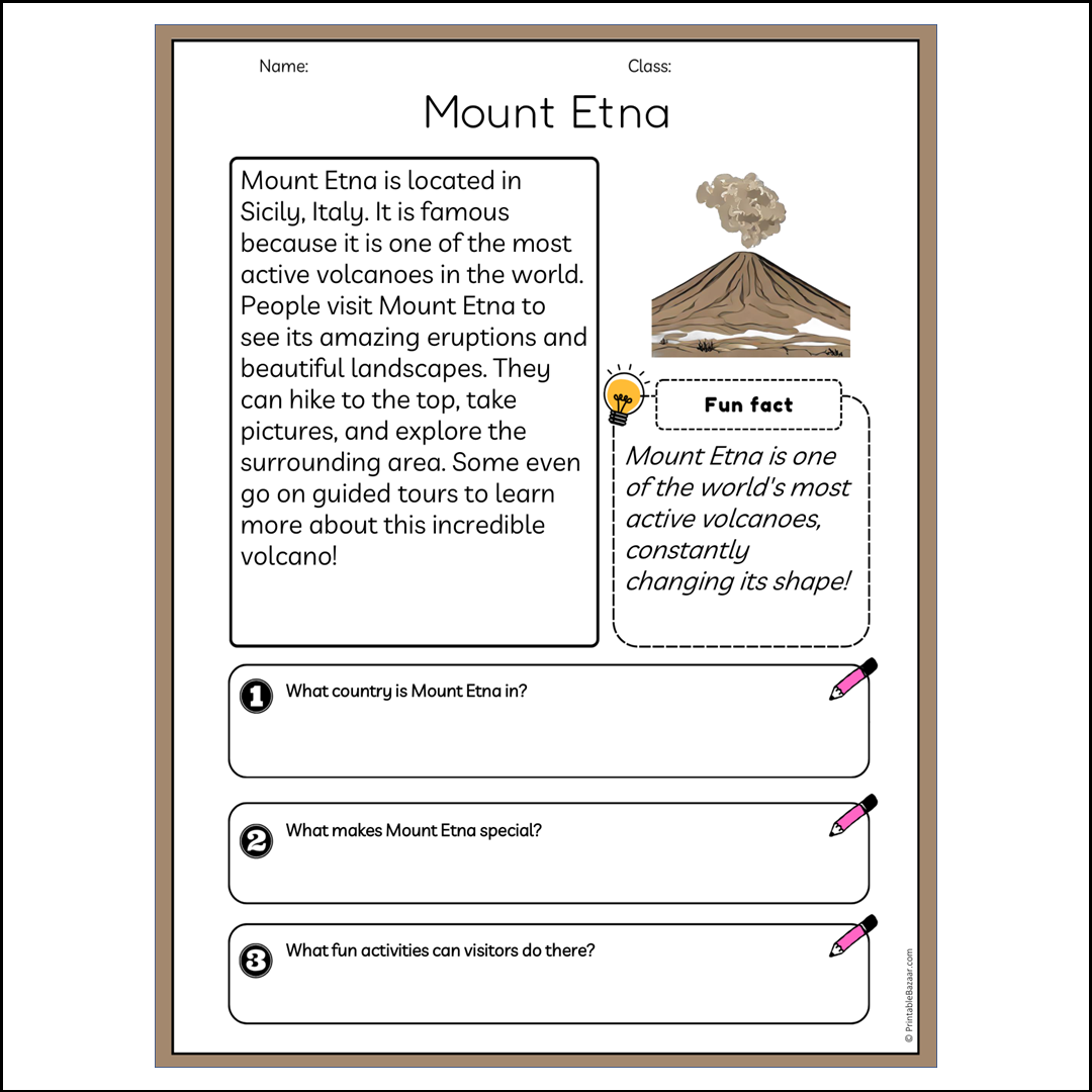 Mount Etna | Reading Passage Comprehension Questions Writing Facts Worksheet