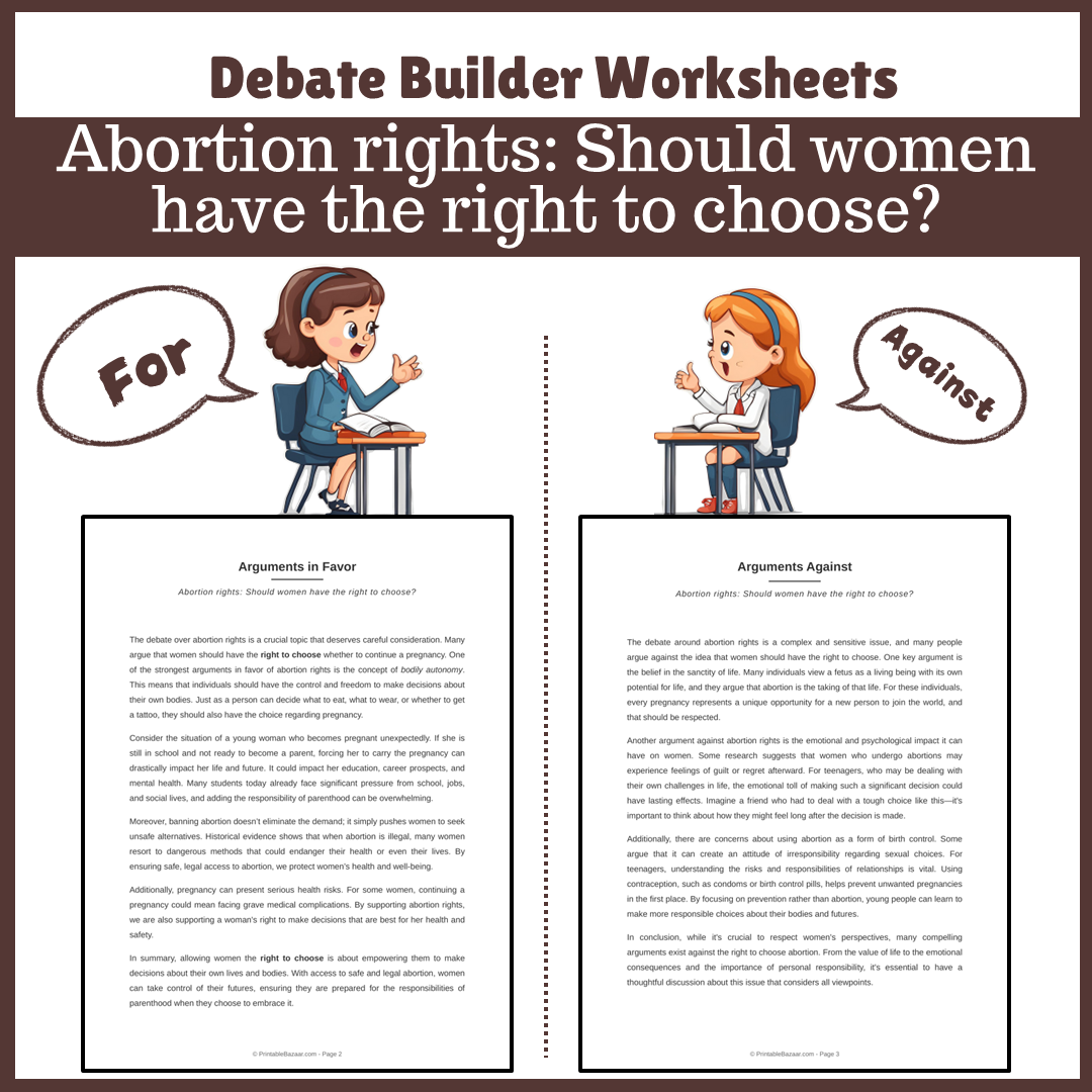 Abortion rights: Should women have the right to choose? | Favour and Against Worksheet Printable Activity