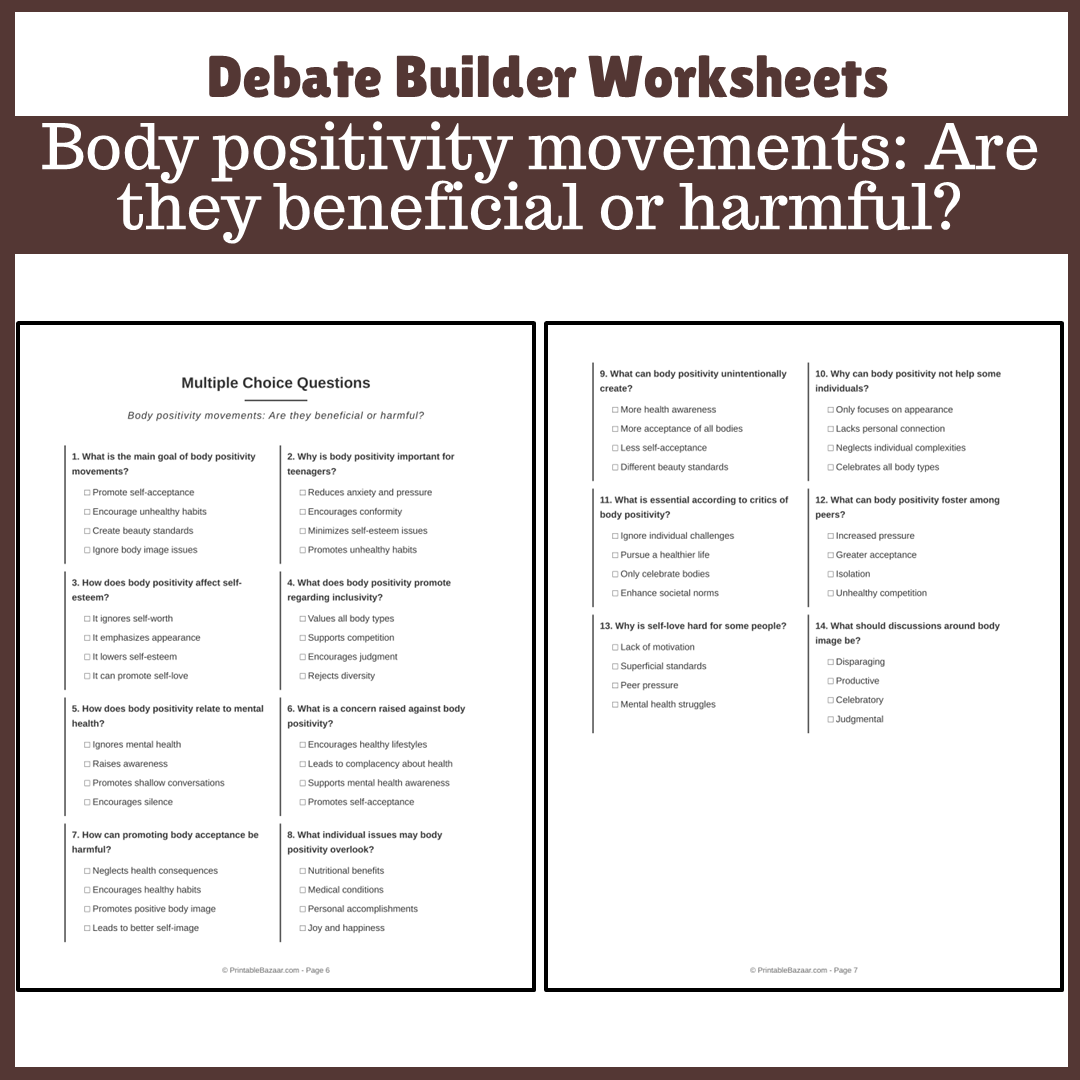 Body positivity movements: Are they beneficial or harmful? | Favour and Against Worksheet Printable Activity