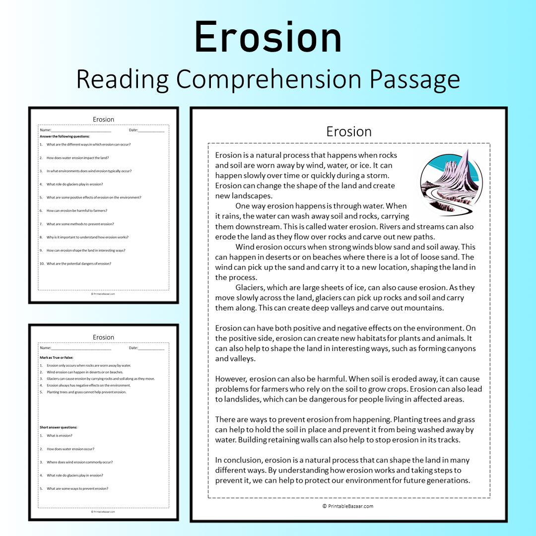 Erosion | Reading Comprehension Passage Printable Worksheet