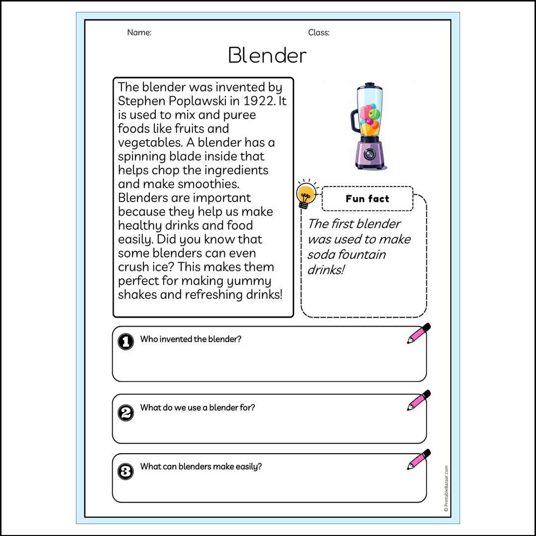 Blender | Reading Passage Comprehension Questions Writing Facts Worksheet