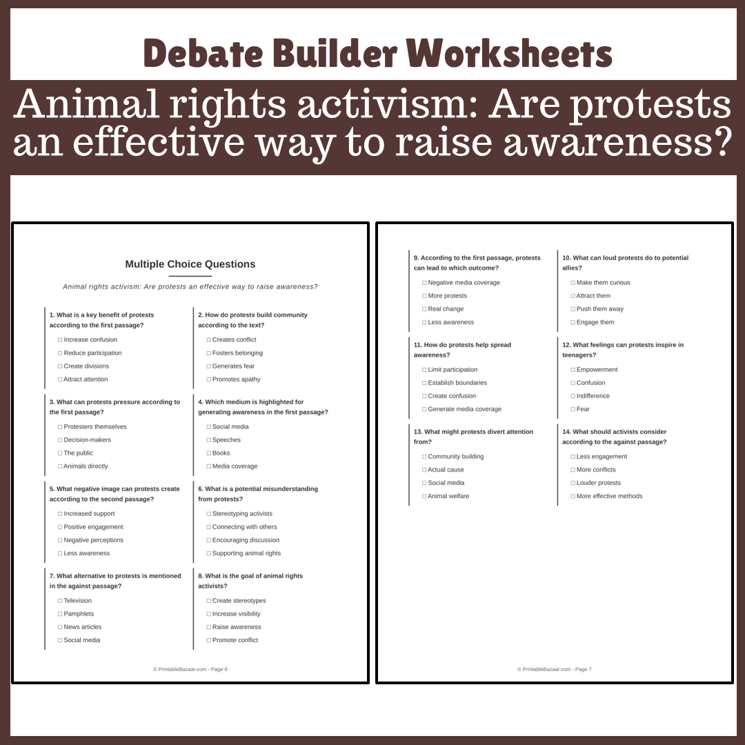 Animal rights activism: Are protests an effective way to raise awareness? | Favour and Against Worksheet Printable Activity