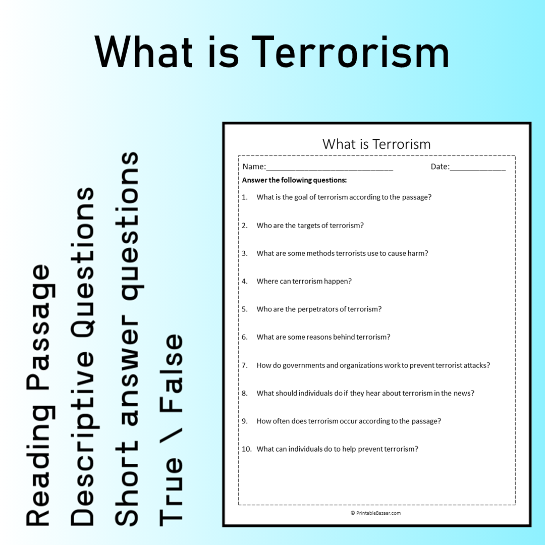 What is Terrorism | Reading Comprehension Passage Printable Worksheet