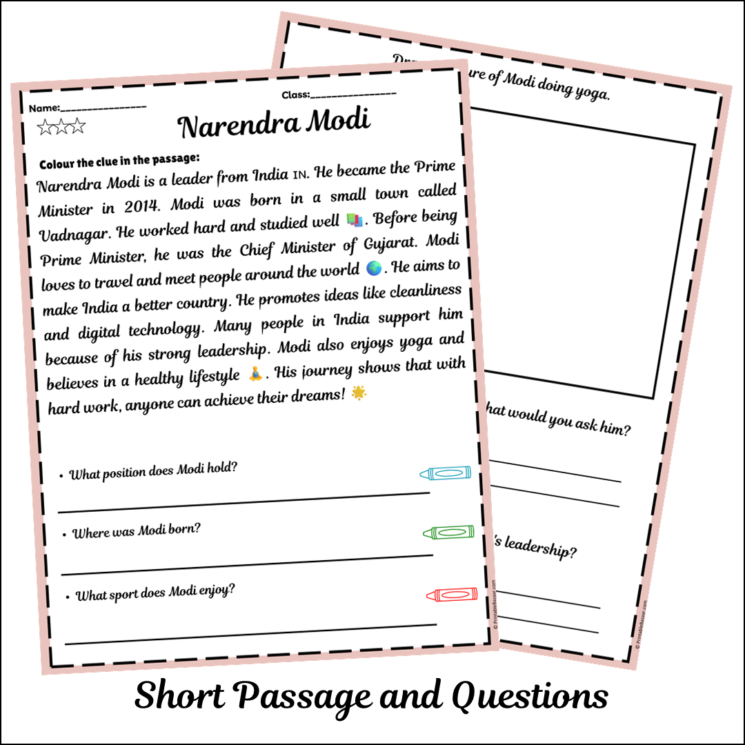 Narendra Modi | Short Reading Comprehension Creative Worksheet
