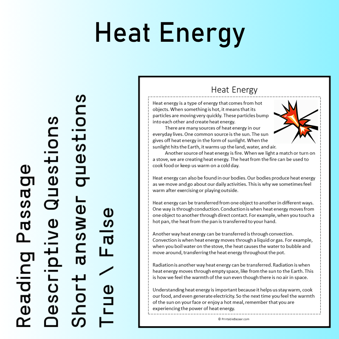 Heat Energy | Reading Comprehension Passage Printable Worksheet