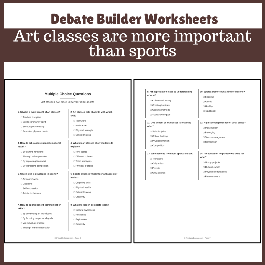 Art classes are more important than sports | Favour and Against Worksheet Printable Activity