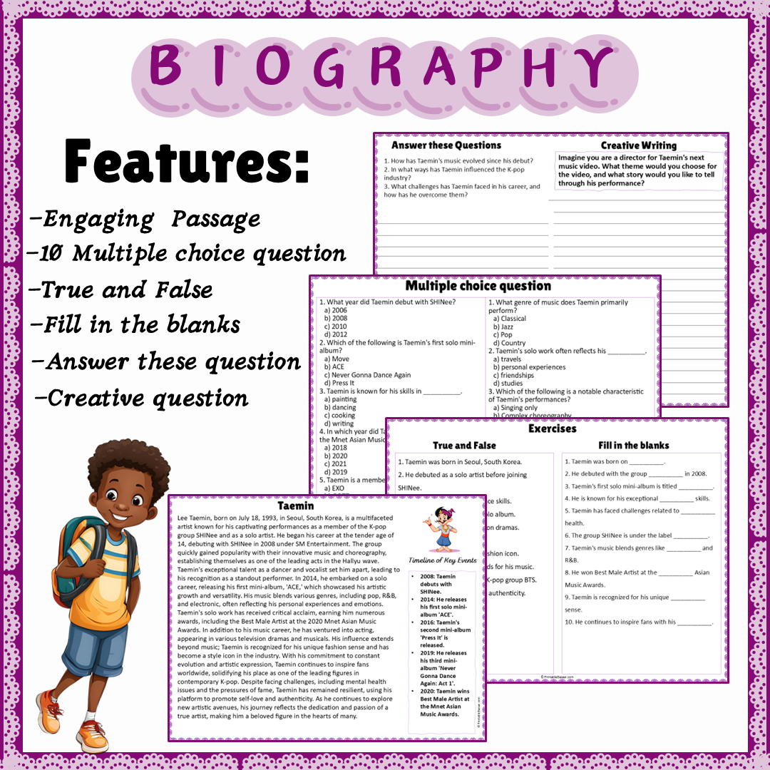 Taemin | Biography Reading Comprehension and Questions Worksheet