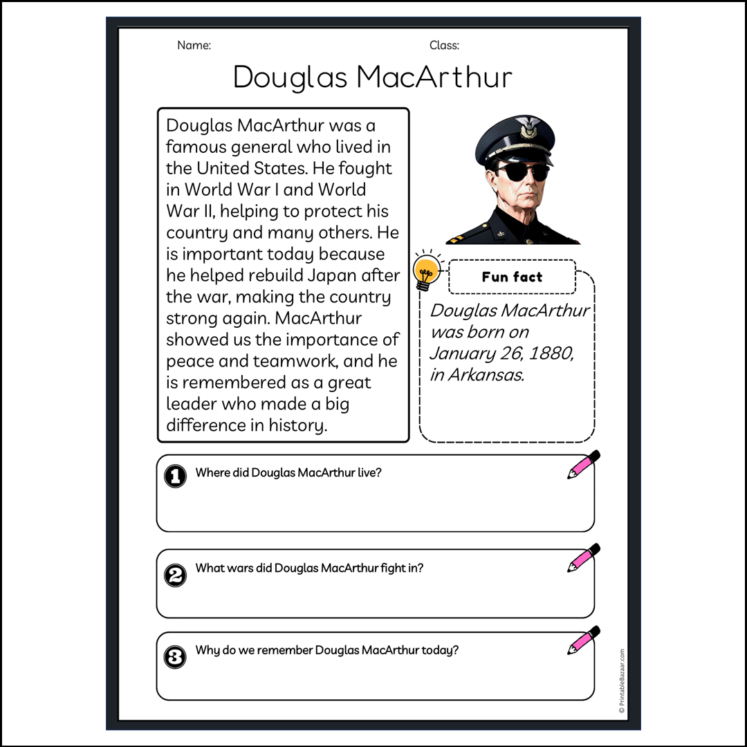 Douglas MacArthur | Reading Passage Comprehension Questions Writing Facts Worksheet