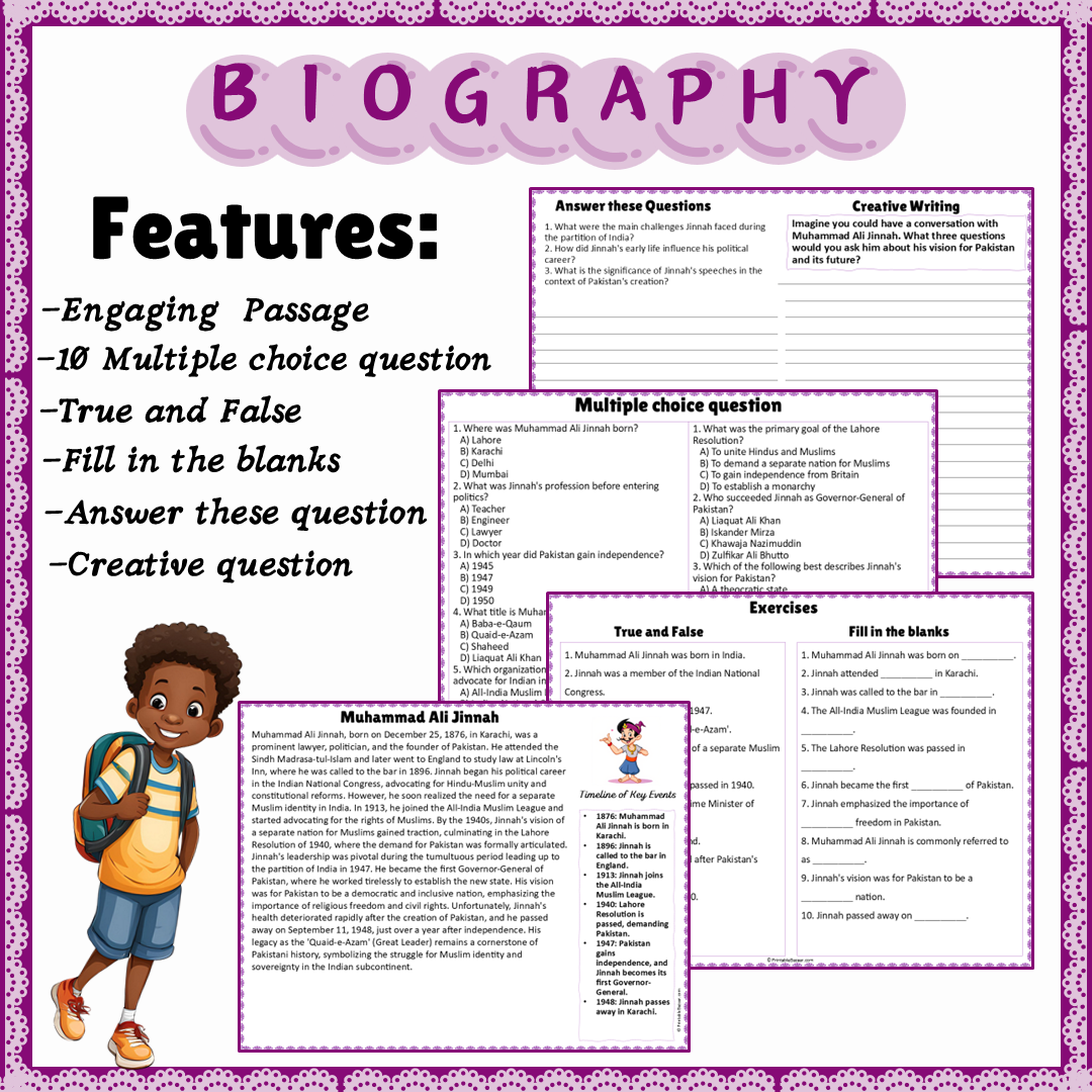Muhammad Ali Jinnah | Biography Reading Comprehension and Questions Worksheet