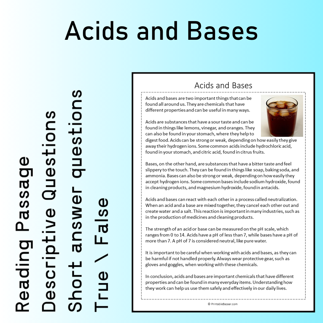 Acids and Bases | Reading Comprehension Passage Printable Worksheet