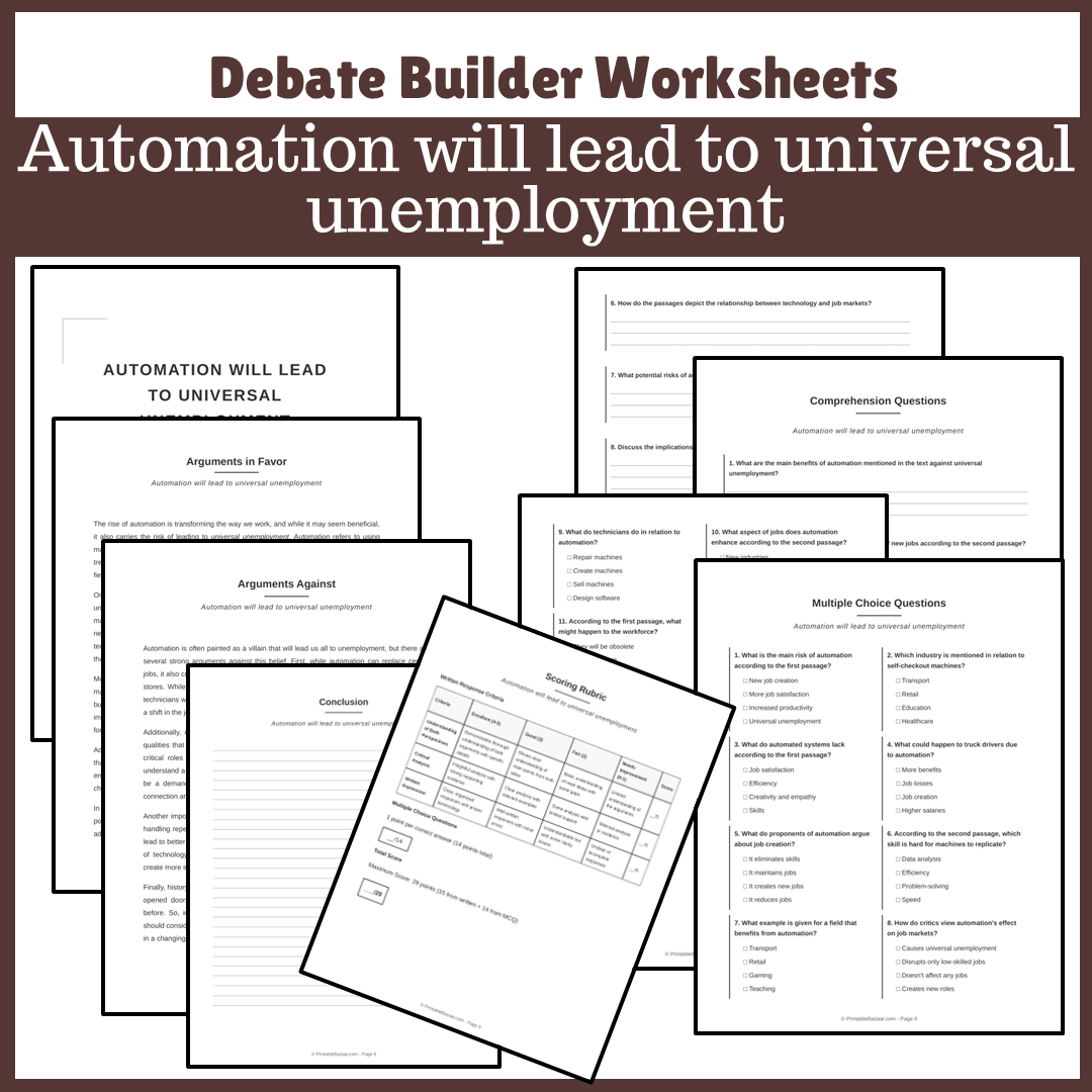 Automation will lead to universal unemployment | Favour and Against Worksheet Printable Activity