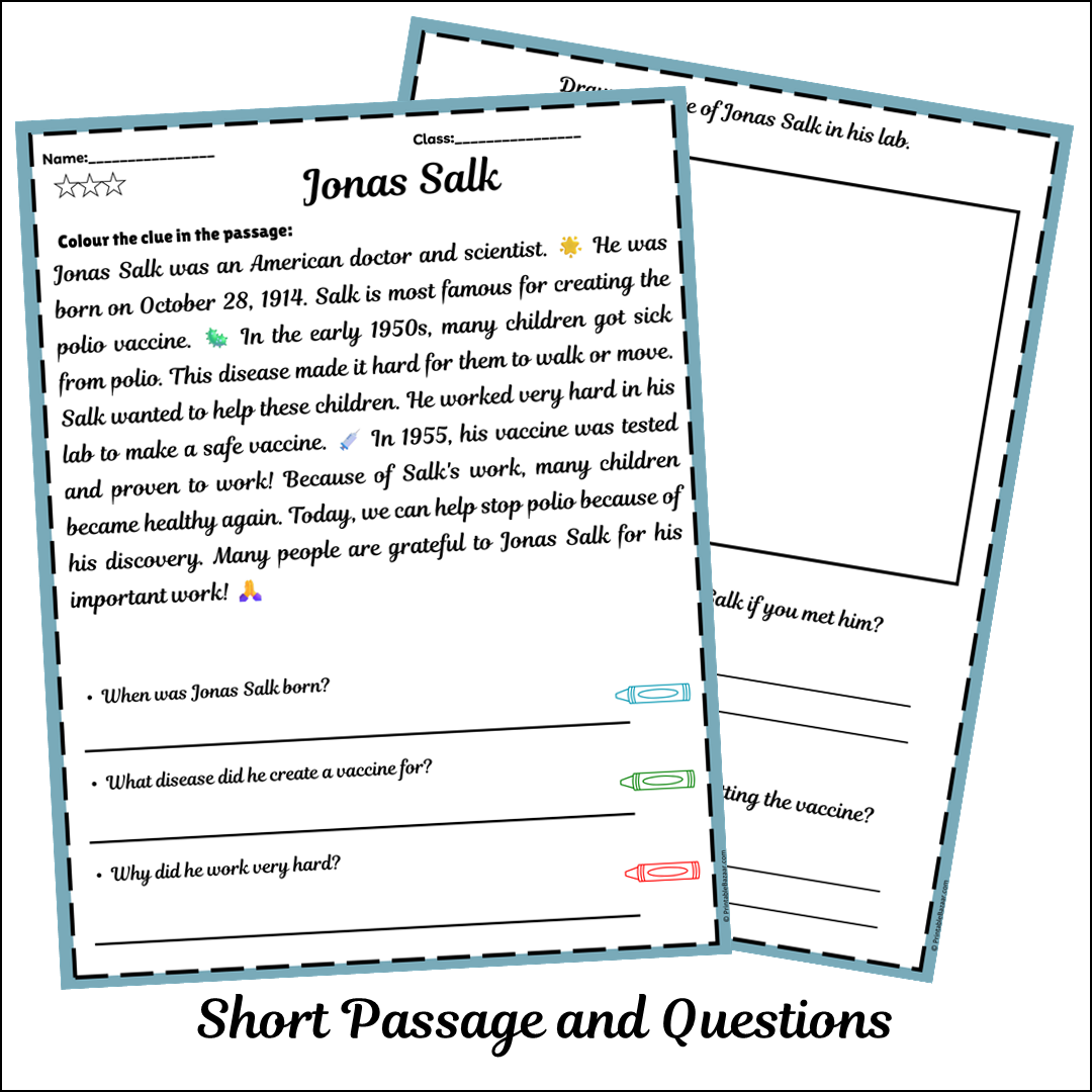 Jonas Salk | Short Reading Comprehension Creative Worksheet